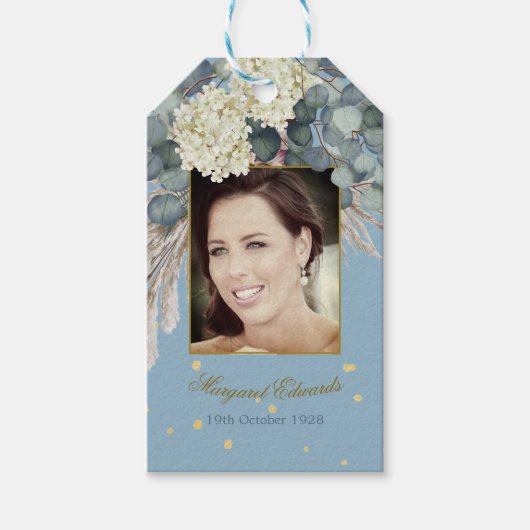 90e Floral Blue Gold Elegant Foto Birthday Cadeaulabel (Voorkant)