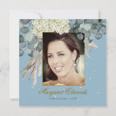 90e Floral Blue Gold Elegant Foto Birthday Kaart (Achterkant)
