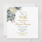 90e Floral Blue Gold Elegant Foto Birthday Kaart (Voorkant)