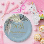 90e Floral Blue Gold Elegant Foto Birthday Papieren Bordje (Feest)