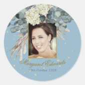 90e Floral Blue Gold Elegant Foto Birthday Ronde Sticker (Voorkant)