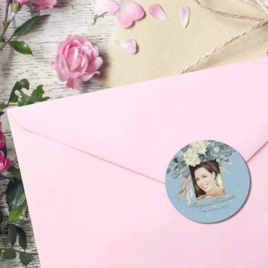 90e Floral Blue Gold Elegant Foto Birthday Ronde Sticker