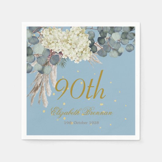 90e Floral Blue Gold Elegant Foto Birthday Servet (Voorkant)