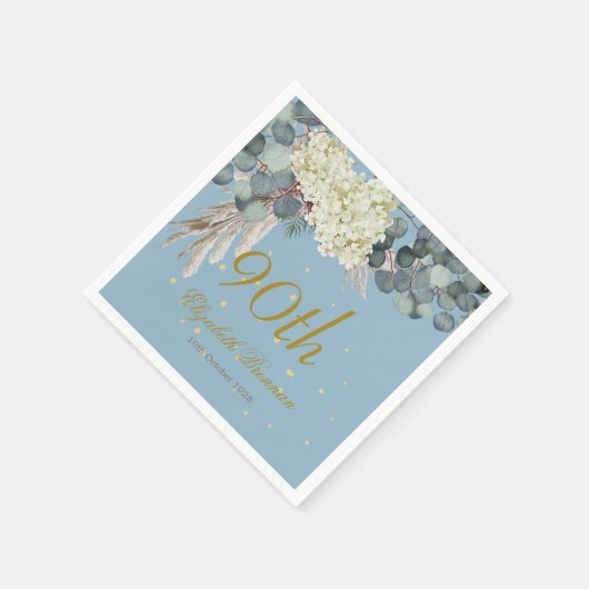 90e Floral Blue Gold Elegant Foto Birthday Servet (Hoek)