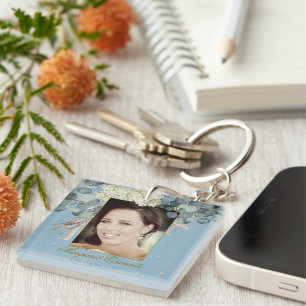 90e Floral Blue Gold Elegant Foto Birthday Sleutelhanger