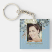 90e Floral Blue Gold Elegant Foto Birthday Sleutelhanger (Voorkant)