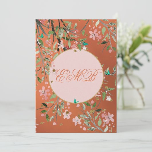 90e Floral Coral Elegant Pink Monogram Birthday Kaart (Staand voorkant)
