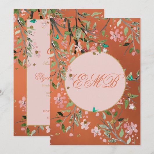 90e Floral Coral Elegant Pink Monogram Birthday Kaart (Voorkant / Achterkant)