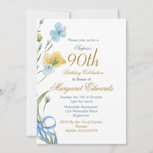 90e Floral Gold Elegant Foto Verjaardag Kaart (Voorkant)