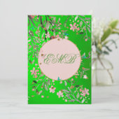 90e Floral Green Elegant Pink Monogram Birthday Kaart (Staand voorkant)