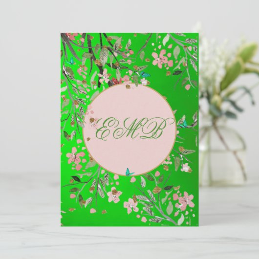 90e Floral Green Elegant Pink Monogram Birthday Kaart (Staand voorkant)