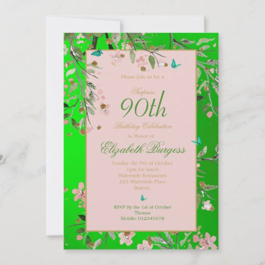 90e Floral Green Elegant Pink Monogram Birthday Kaart (Achterkant)