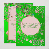 90e Floral Green Elegant Pink Monogram Birthday Kaart (Voorkant / Achterkant)