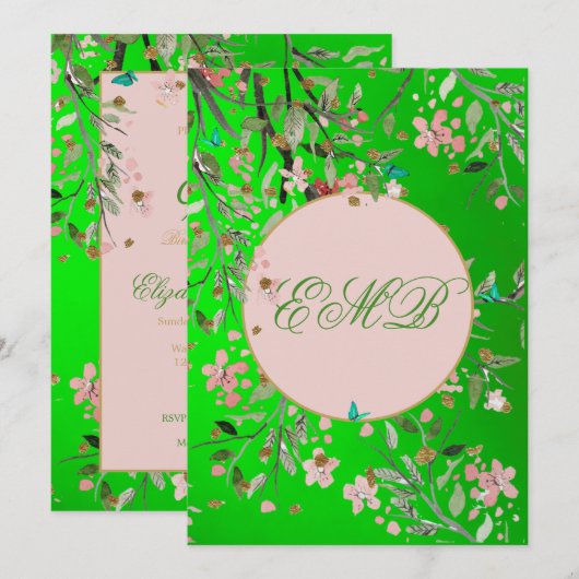 90e Floral Green Elegant Pink Monogram Birthday Kaart (Voorkant / Achterkant)