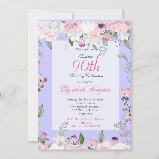 90e Floral Paars Spring Elegant Foto van Birthday Kaart (Voorkant)