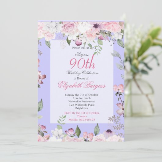 90e Floral Paars Spring Elegant Foto van Birthday Kaart (Staand voorkant)