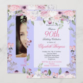 90e Floral Paars Spring Elegant Foto van Birthday Kaart (Voorkant / Achterkant)