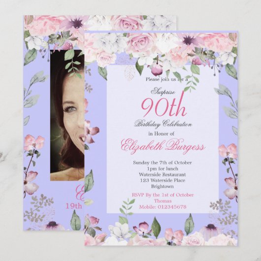 90e Floral Paars Spring Elegant Foto van Birthday Kaart (Voorkant / Achterkant)