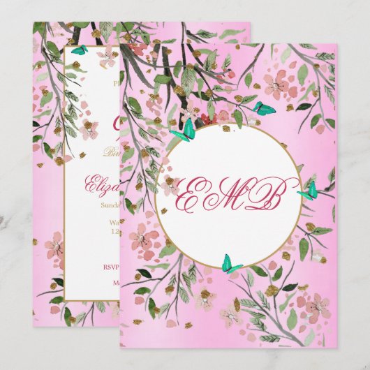 90e Floral Pink Chic Elegant Monogram Birthday Kaart (Voorkant / Achterkant)