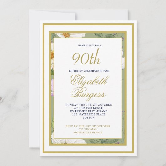 90E foto Groen Goud Bloemen Elegante Verjaardag Kaart (Voorkant)