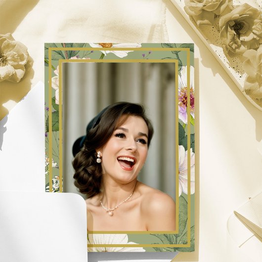 90E foto Groen Goud Bloemen Elegante Verjaardag Kaart