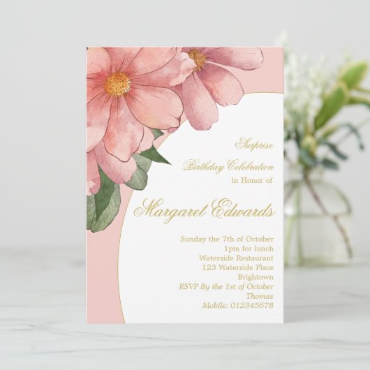 90e Gouden Elegante Roze Bloemen Foto Verjaardag Kaart (Staand voorkant)