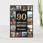 90e Happy Birthday Black en Gold Photo Collage Kaart (Voorkant)