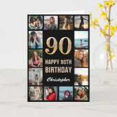 90e Happy Birthday Black en Gold Photo Collage Kaart (Gele Bloem)