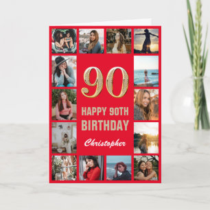 90e Happy Birthday Red en Gold Photo Collage Kaart