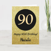 90e Happy Birthday Zwart en Goud Glitter Kaart (Voorkant)