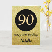 90e Happy Birthday Zwart en Goud Glitter Kaart (Gele Bloem)