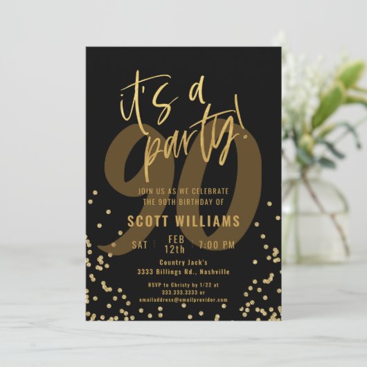 90e Leuk Zwart en Goud Verjaardagsfeest Kaart (Staand voorkant)