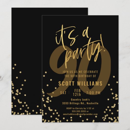 90e Leuk Zwart en Goud Verjaardagsfeest Kaart (Voorkant / Achterkant)