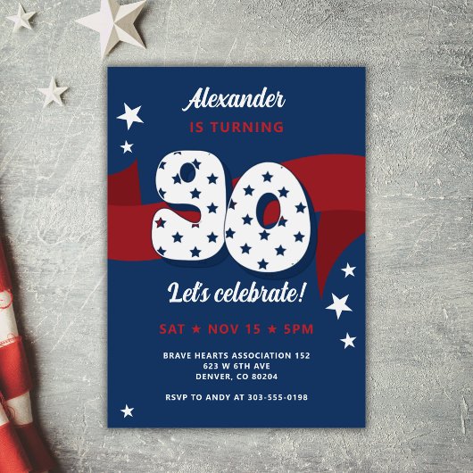 90e Patriottische Verjaardagsfeest Rood Wit Blauw  Kaart