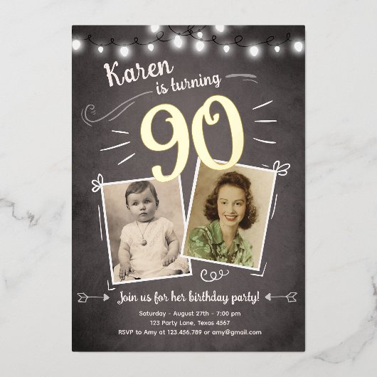 90e  Retro Foto negentig Verrassingsdag Folie Uitnodiging (Voorkant)