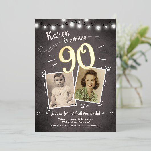 90e  Retro Foto negentig Verrassingsdag Folie Uitnodiging (Staand Voorkant)