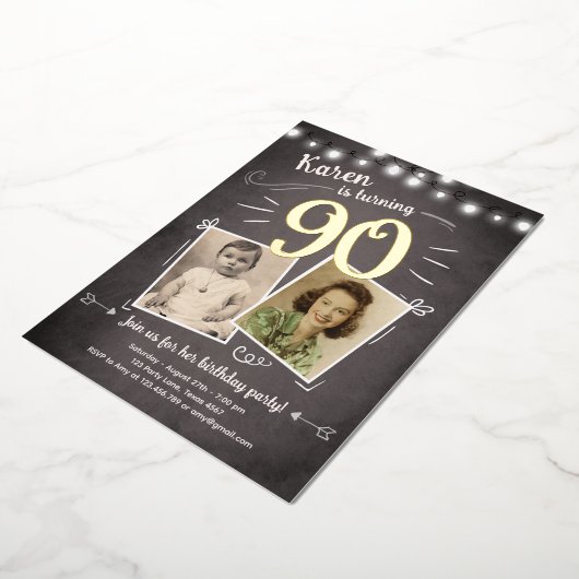 90e  Retro Foto negentig Verrassingsdag Folie Uitnodiging (Gedraaid)