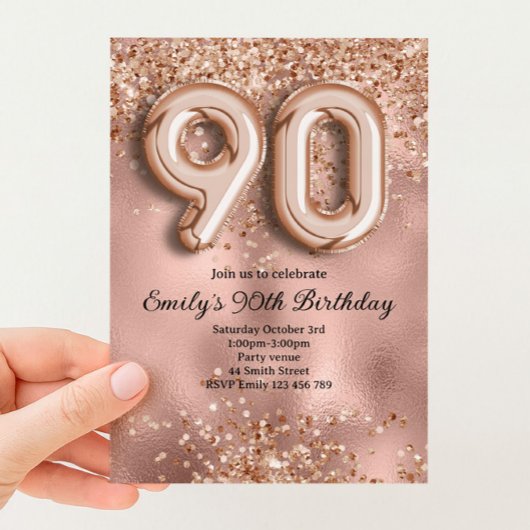 90e Roze Gouden Glitter Verjaardag Kaart