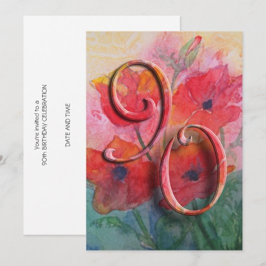 90e uitnodiging van de Birthday Party - papavers (Voorkant / Achterkant)