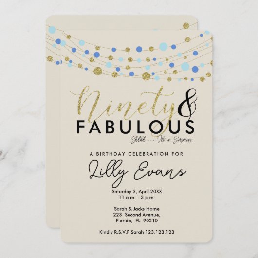 90e uitnodiging voor verjaardagsfeestje, blauw en (Voorkant / Achterkant)