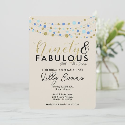 90e uitnodiging voor verjaardagsfeestje, blauw en (Staand voorkant)