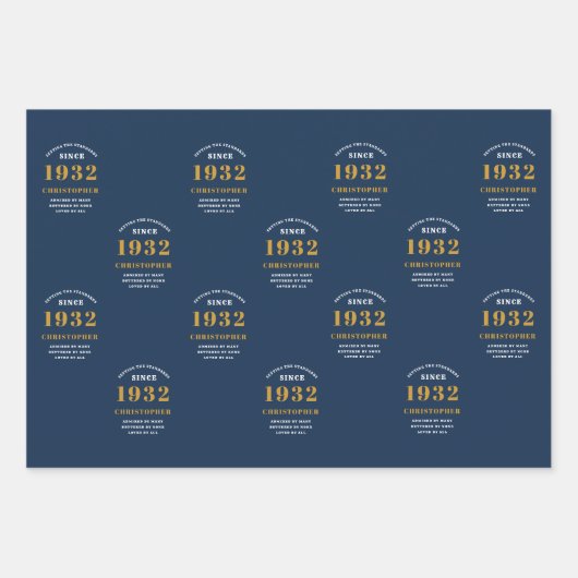 90e verjaardag 1932 Blauw goud voor hem Naam toevo Inpakpapier Vel (Voorkant)