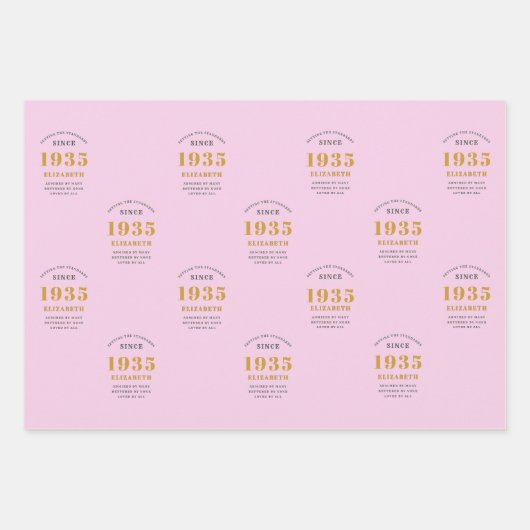90e verjaardag 1935 Voeg naam toe Pink Grey Inpakpapier Vel (Voorkant)