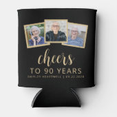 90e verjaardag 3-foto zwart goud script proost blikjeskoeler (Voorkant)