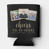 90e verjaardag 3-foto zwart goud script proost blikjeskoeler (Achterkant)