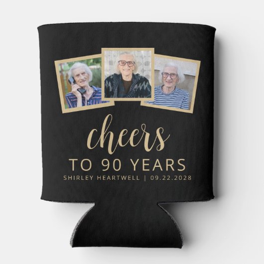 90e verjaardag 3-foto zwart goud script proost blikjeskoeler (Achterkant)