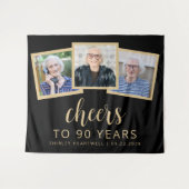 90e verjaardag 3-foto zwart goud script proost wandkleed (Voorkant (horizontaal))