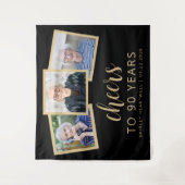 90e verjaardag 3-foto zwart goud script proost wandkleed (Voorkant)