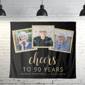 90e verjaardag 3-foto zwart goud script proost wandkleed