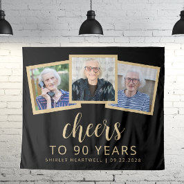 90e verjaardag 3-foto zwart goud script proost wandkleed